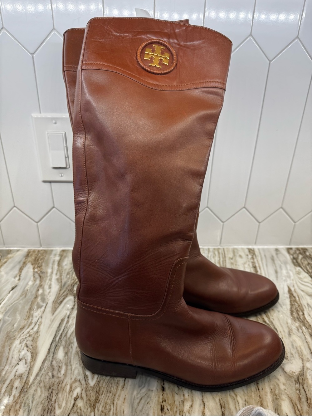Tory Burch Chestnut Brown Leather Knee Boots with Logo Medallion